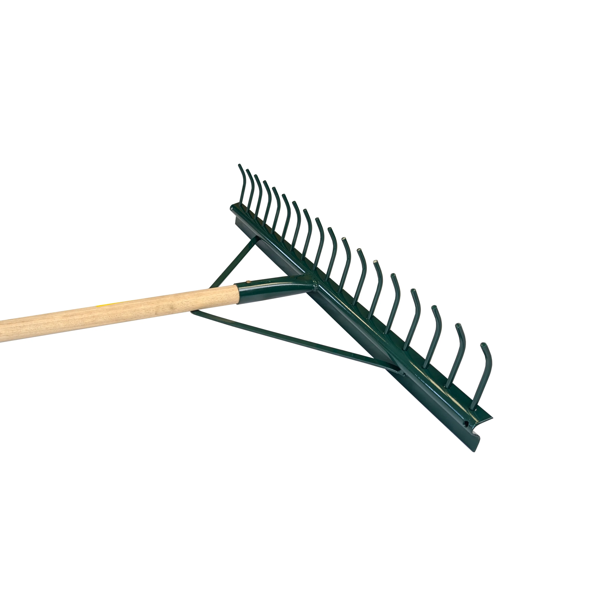 metal landscape rake, green head with 18 curved teeth, on a wooden handle