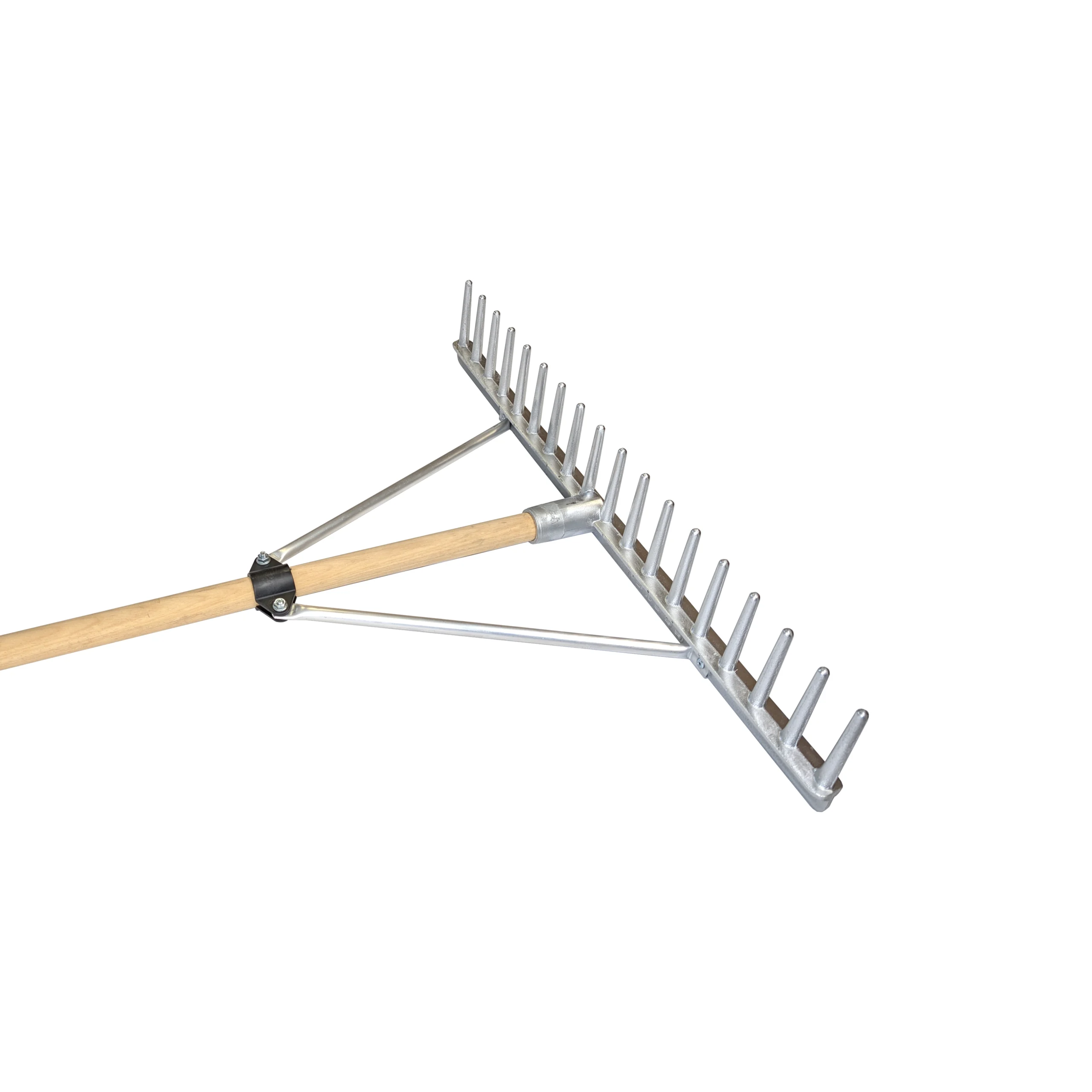 aluminium rake head with 18 straight teeth and a flat grading edge, on a wooden handle.