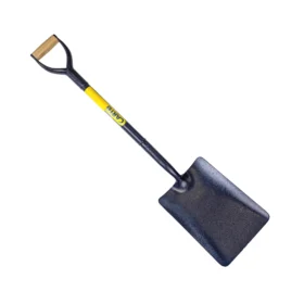 Taper Mouth Shovel, all blue steel, yellow sticker on the shaft and a wooden grip handle