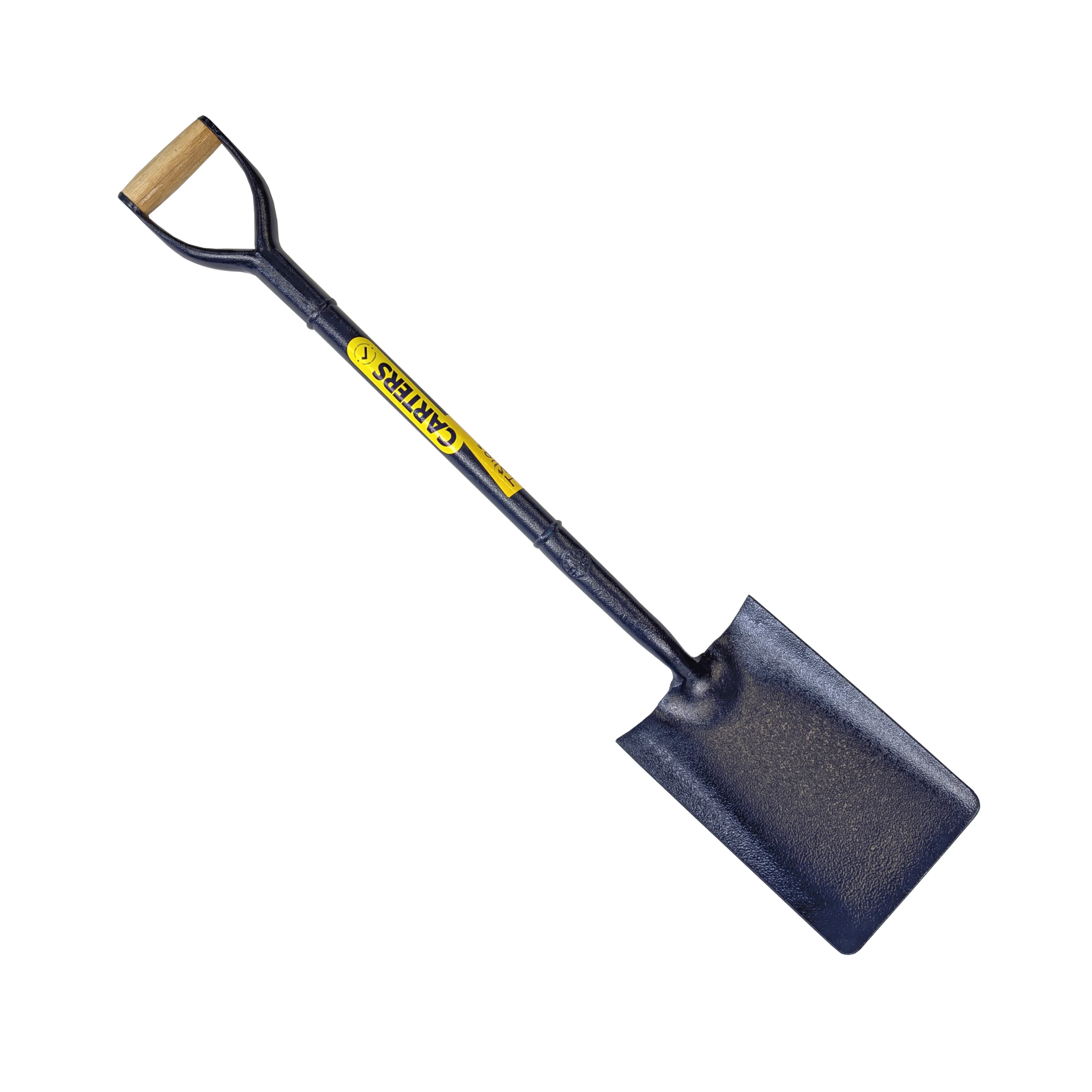 trenching shovel, all blue steel, wooden grip handle