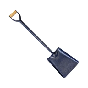 Square mouth shovel, all blue with a wooden hand grip.