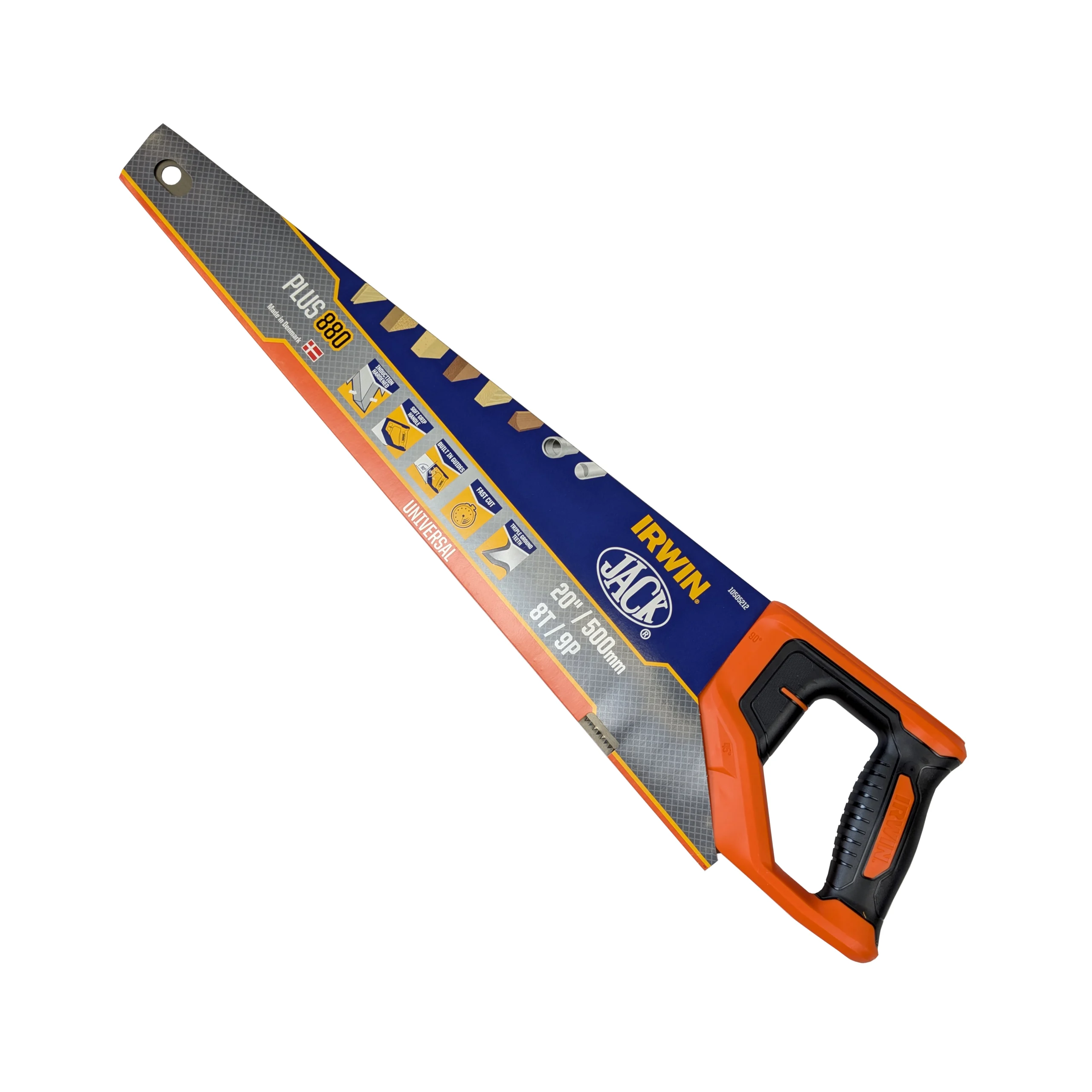 irwin jack saw, orange and black handle with a blue and silver sheath