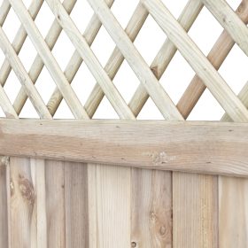 A close up angled view of a tongue and groove panel with a trellis top.