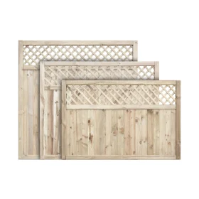 A set of tongue and groove lattice top panels of all available heights stacked in front of one another