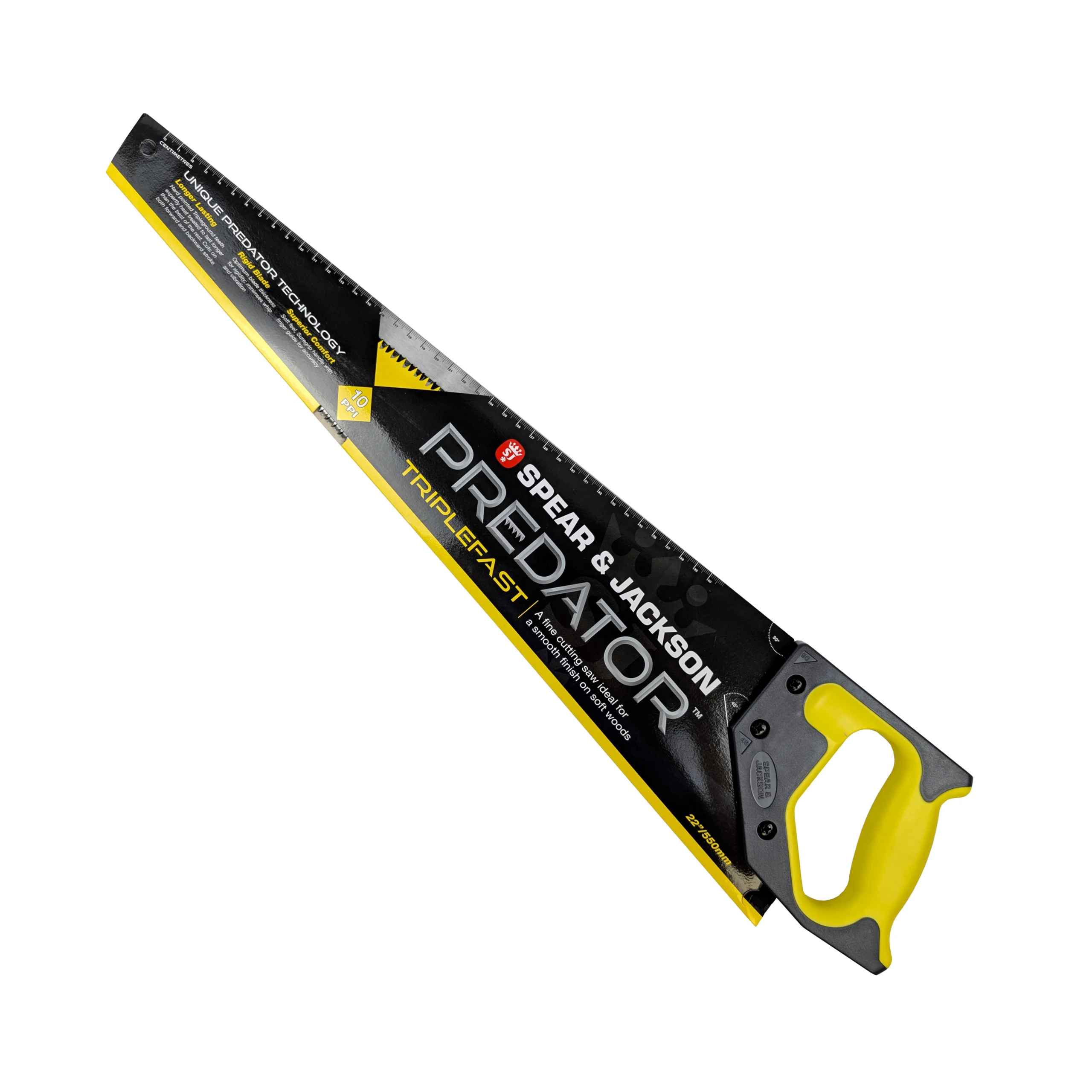 predator fine tooth saw, yellow handle with a black and yellow sheath