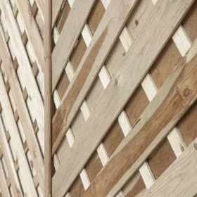 Close-up view of a V-Arched curved top fence panel with diagonal timber slats showing texture and craftsmanship—ideal arch top fence panels or arched fence panels, an elegant example of modern curved fence panels or curved top fence panels.