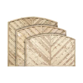 Stacked arched fence panels showcasing curved top profiles in a tiered layout. These modern arch top fence panels feature diagonal slat design, doubling as stylish arched fence panels or curved fence panels, providing a clear display of curved top fence panels in multiple heights.