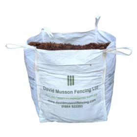Bulk bag of wood mulch, white bag with green writing