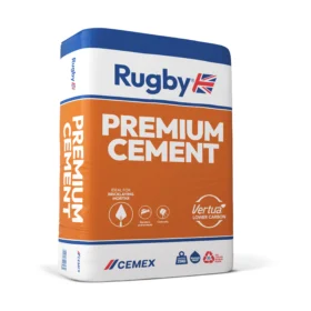 Angled view of Rugby Premium 25kg Cement bag by Cemex, Vertua lower carbon formula for bricklaying, mortar, render, screeds, and concrete use