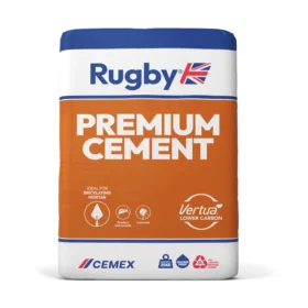 Rugby Premium 25kg Cement bag by Cemex, lower carbon Vertua formulation for bricklaying, mortar, render, screeds, and concrete applications