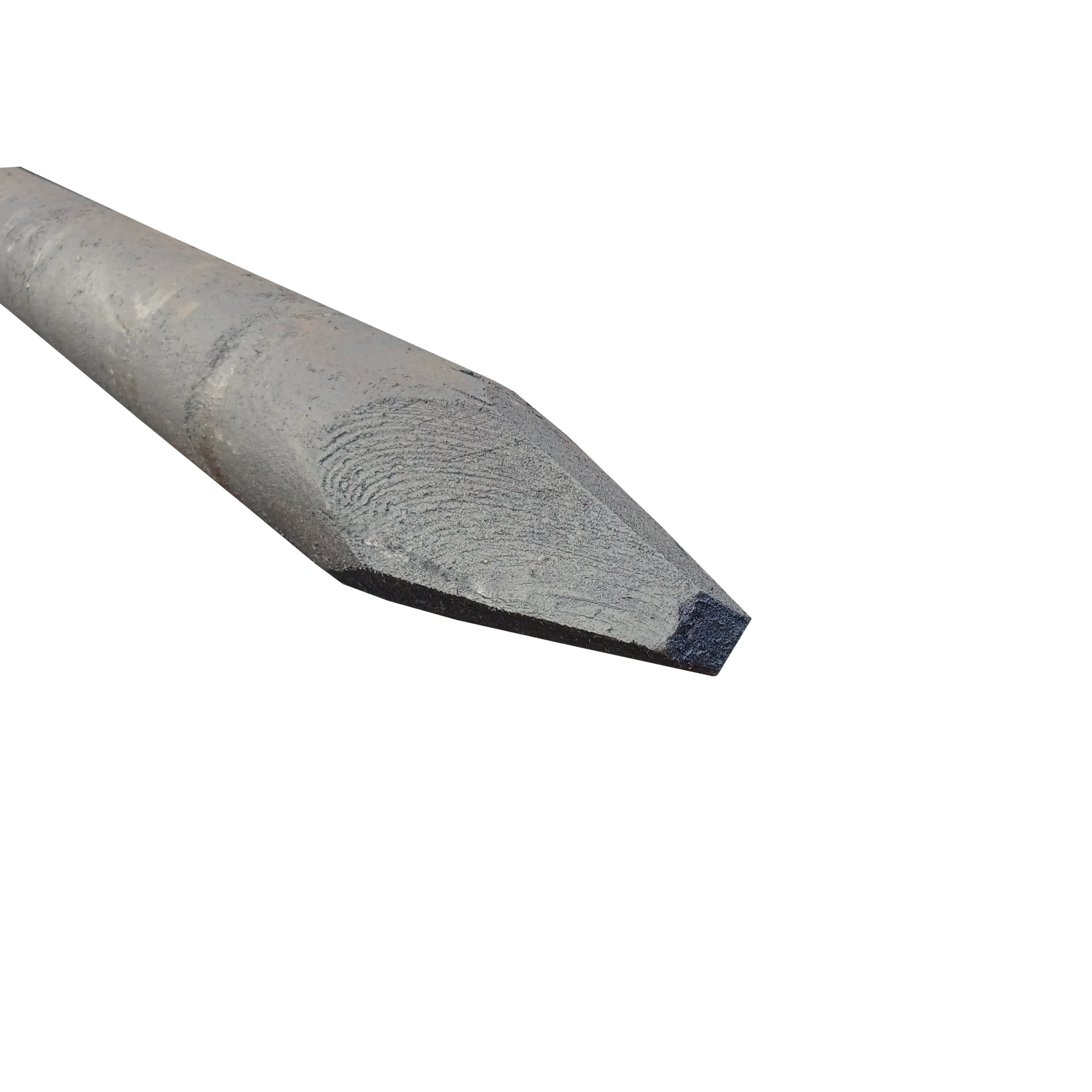 a 100mm creosoted post, pointed one end, dark brown in colour, on a white background.