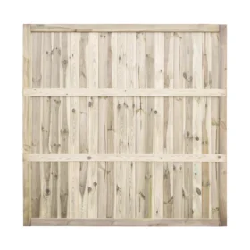 The back view of a 1.8m high by 1.8m wide tongue and groove constructed timber panel against a white background with 4 horizontal support battens