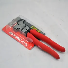 fencing pliers with red handles and steel jaws. In a black and red package.