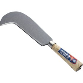 bill hook, a 10 inch blade with a hooked end, with a short wooden handle.