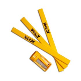 three yellow carpenters pencil, fanned out with a yellow pencil plastic pencil sharpener in the bottom left.