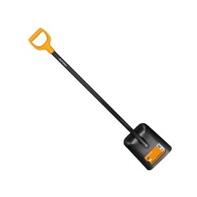 fiskars solid shovel, with an orange D shaped handle, black metal shaft and black wide scoop shovel head. On a white background