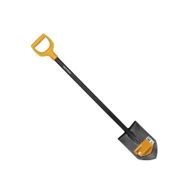 fiskars pointed spade, orange D shape handle, black metal shaft with a black pointed spade head. On a white background.