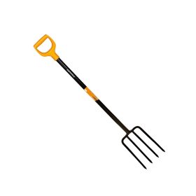 fiskars garden fork, with an orange D shaped handle, black metal shaft and 4 black fork prongs.