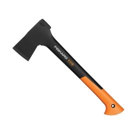 A Fiskars X10 chopping axe against a white background.