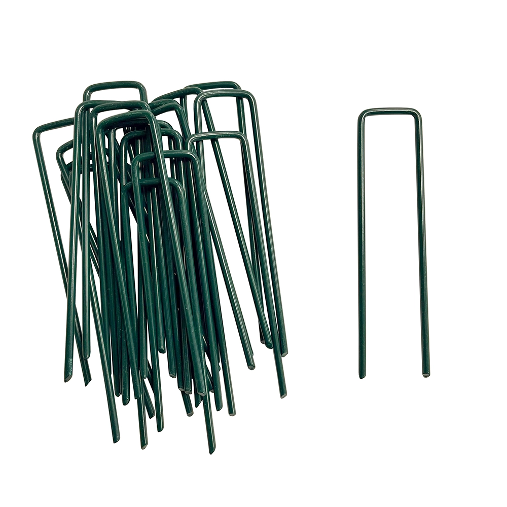 A pile of 20 green coated u shaped pins.