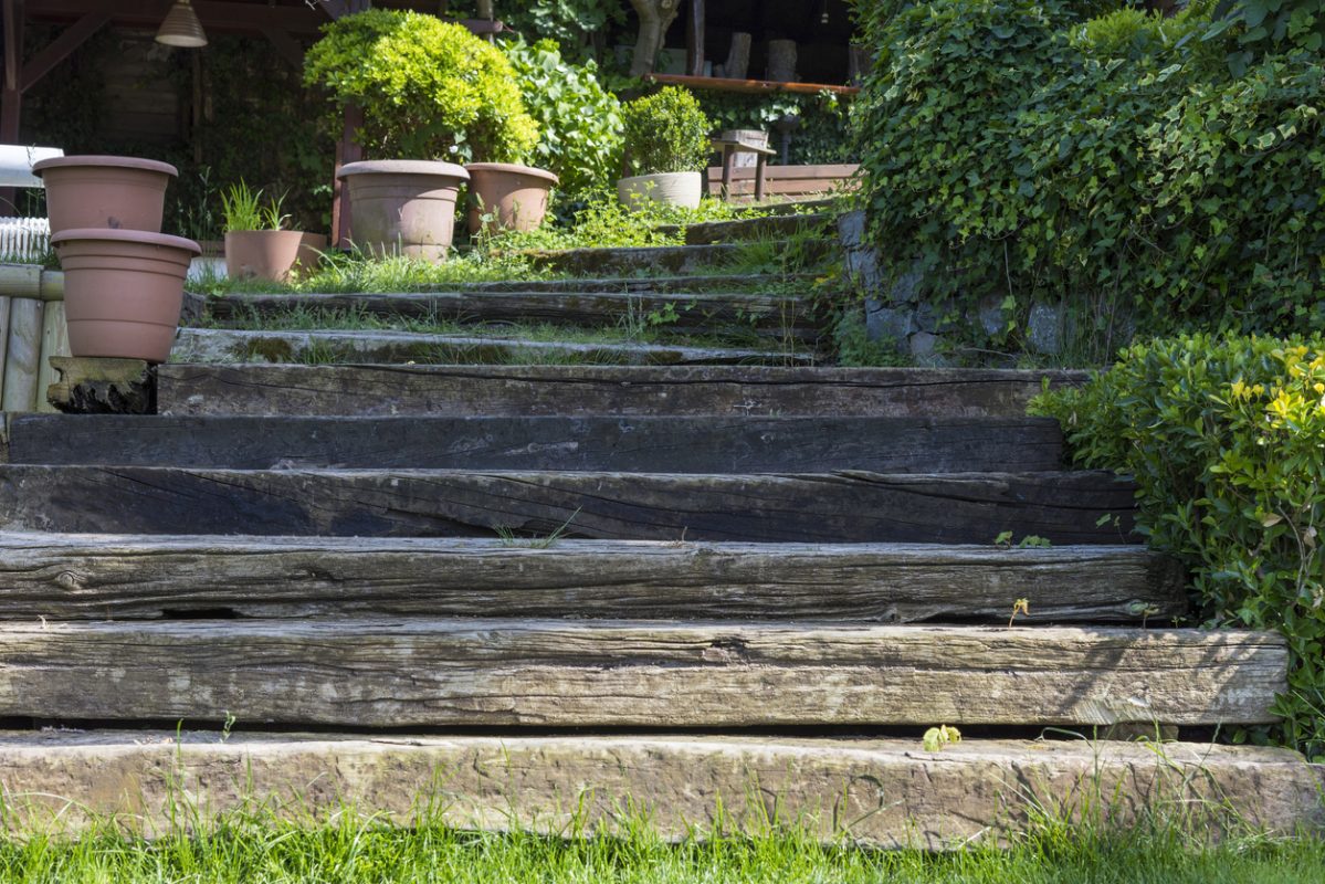Garden steps made from recycled railway sleepers.
