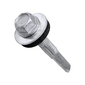 A TechFast heavy duty tek screw for sheet to steel fixing at 5.5mm X 38mm against a white background with an EDPM washer