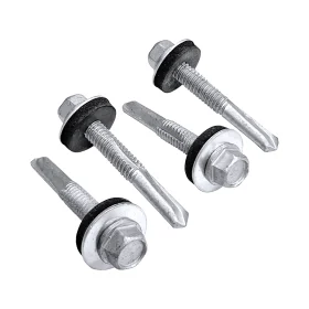 Four heavy duty tek screws for sheet to steel installations showing the point and head of each screw against a white background