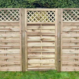 A square horizontal lattice top gate completing a run of square horizontal lattice top panels in a garden