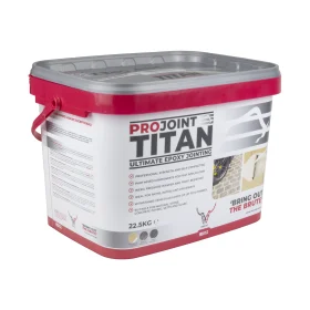 A tub of pro joint titan containing a mid grey paving mix