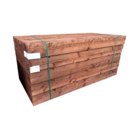 a pack of treated brown fence posts wrapped in green banding