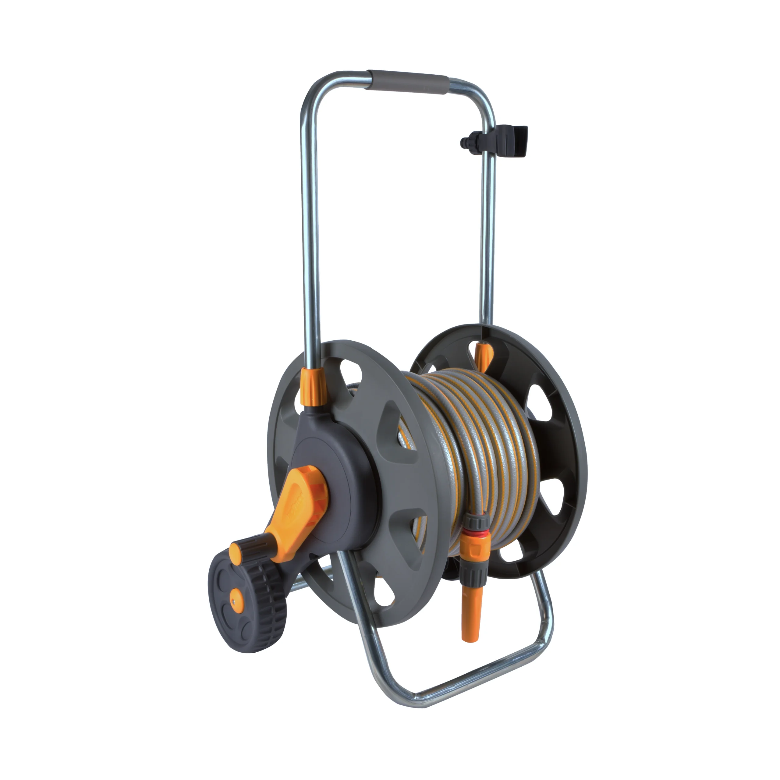 A Hozelock reel cart that can contain up to 60m length of hose against a white background