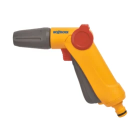 The Hozelock Jet Spray Gun side on in a yellow and grey colour against a white background