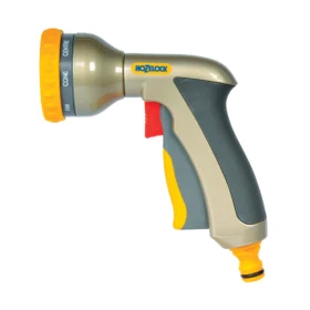 A powder coated metal Multi Plus water spray gun from Hozelock against a white background