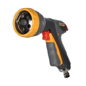 The Hozelock Multi Spray Pro Gun at an angle showing off the face of the spray gun against a white background
