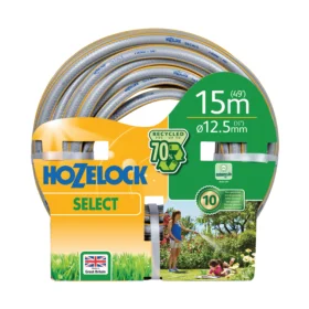 A Hozelock Select Hose that is 15m long rolled up against a white background