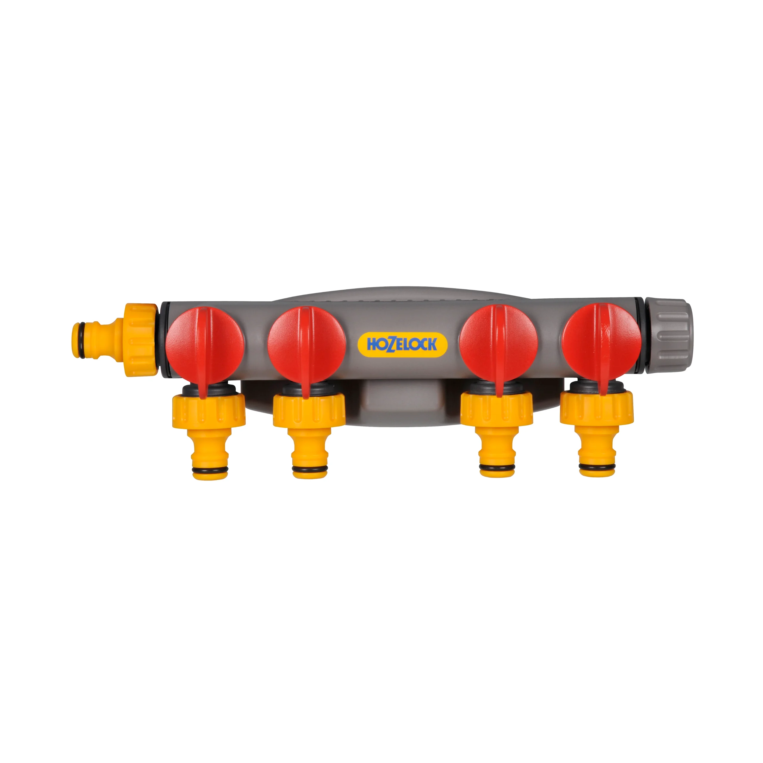 A Hozelock 4 way tap connector against a white background