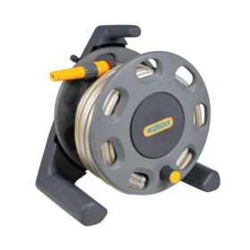 An angled view of the Hozelock Compact Free Standing Reel with a 25m hose against a white background