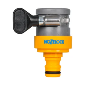 The Hozelock Round Tap Connector used for 14mm to 18mm diameter taps against a white background
