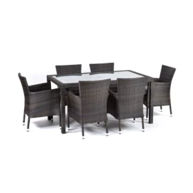 Ascot Rattan Rectangular Glass Table and 6 Newbury Chairs Set – A stylish outdoor dining set featuring a large rectangular glass-topped table with a dark rattan frame, accompanied by six matching Newbury chairs. Each chair is made of woven synthetic rattan in a rich brown tone, designed with high backs and armrests for comfort. The set is arranged in a clean, white studio setting, showcasing its modern yet classic garden furniture appeal.