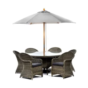 The full set of the Regent rattan large table and chair set include a parasol