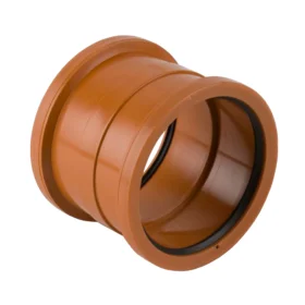 A 110mm diameter double socket BS coupler for underground drainage pipe against a white background