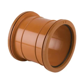 A 110mm diameter double socket slip coupler for underground drainage pipe against a white background