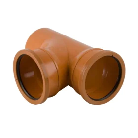 A 110mm diameter 87.5 degree branch single socket in a T shape for underground drainage pipe against a white background