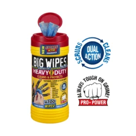Open tub of Big Wipes Heavy Duty Pro+ (100 wipes) with blue textured wipe visible, alongside