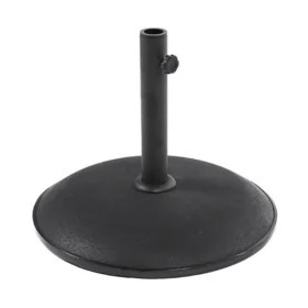Black 15kg round garden parasol base with upright securing pole and tightening screw, suitable for up to 38mm parasol poles.