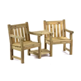 Wooden companion set featuring two slatted armchairs connected by a central angled table with a lower shelf, displayed on a white background.