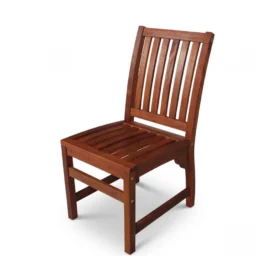Single wooden chair with a slatted seat and backrest, shown at an angle against a white background.