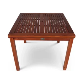 Square wooden slatted table with a central parasol hole, shown from the front against a white background.