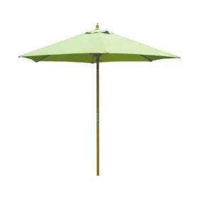 Garden parasol with a 2.5m light green UV-resistant canopy and wooden pole, fully open and upright on a white background.