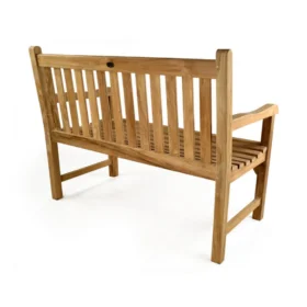 Rear view of a two-seater teak bench with a slatted backrest, seat, and curved armrests, shown against a plain white background.